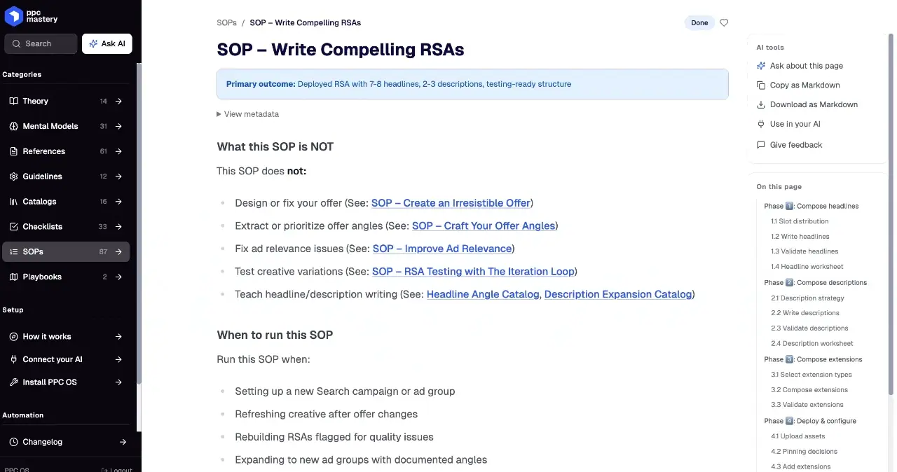 Scrolling through the "Write Compelling RSAs" SOP inside PPC OS