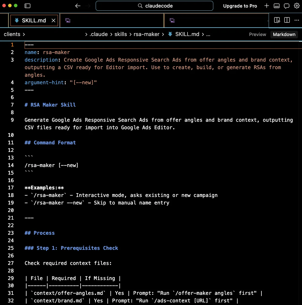 Inside the rsa-maker skill file — dry, structured instructions written for AI to process
