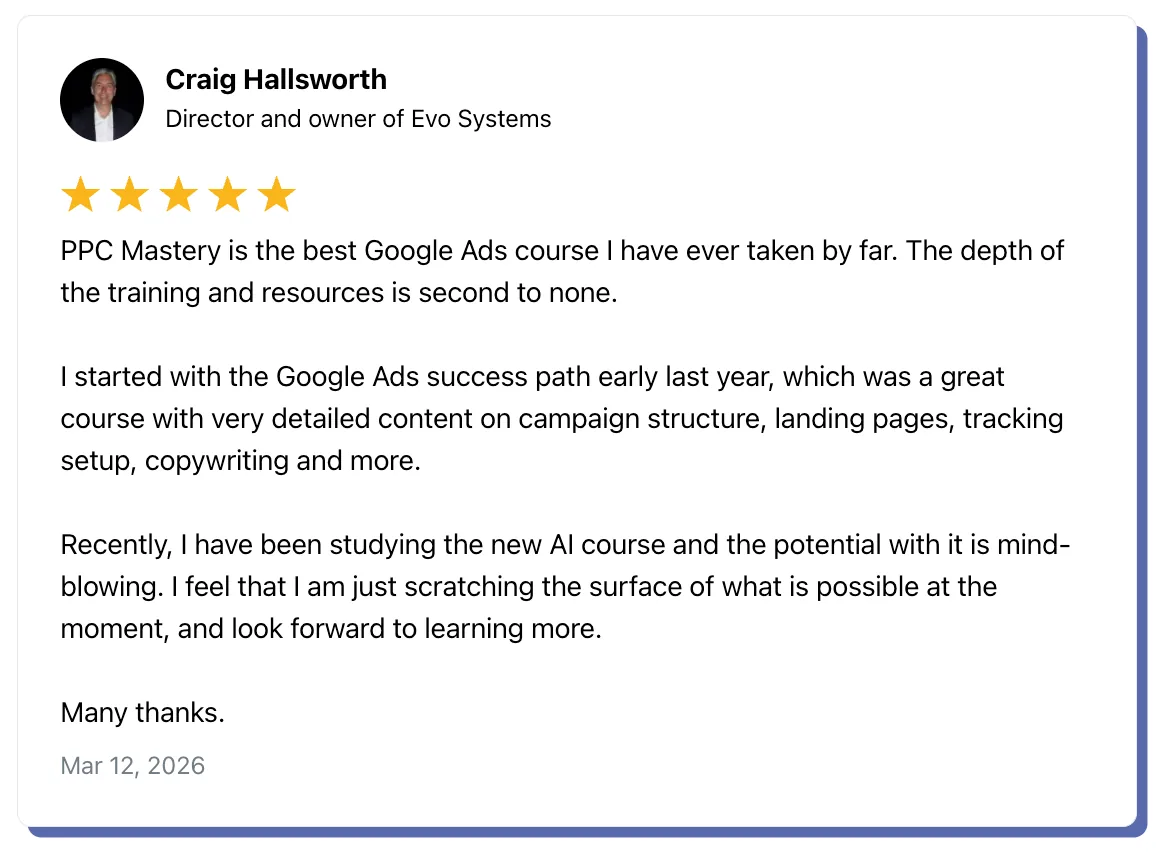 Testimonial from Craig Hallsworth