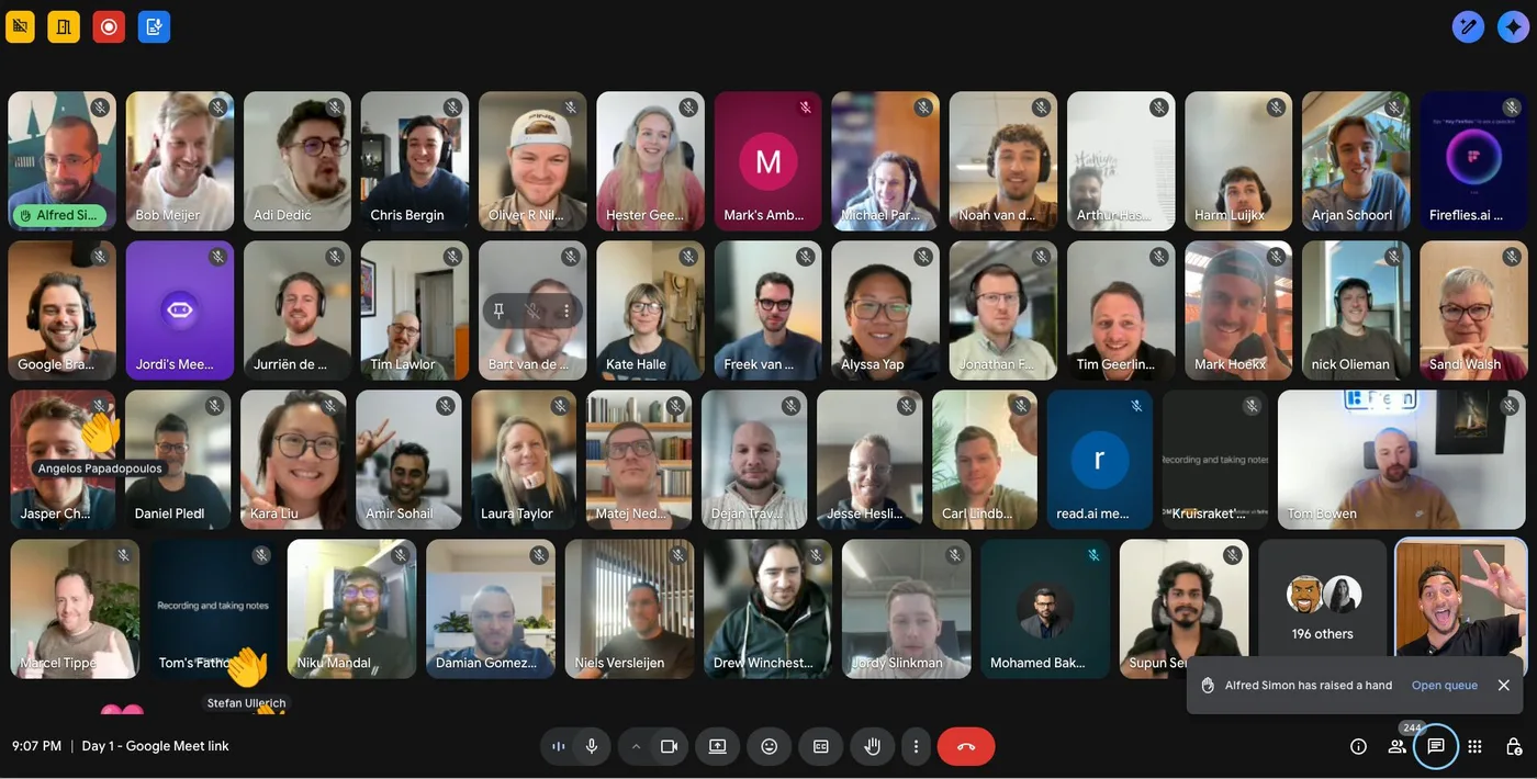 Day 1 of the first AI Agent Challenge on Google Meet, showing dozens of participants on camera plus a counter reading 196 others
