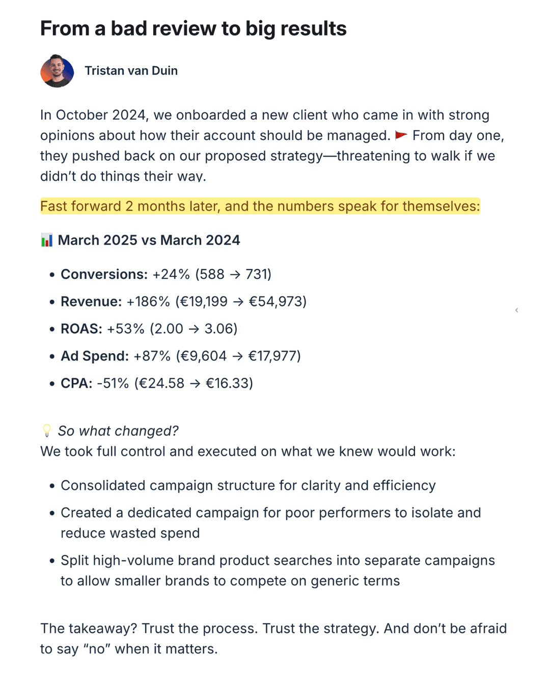 Tristan van Duin — from bad review to +186% revenue -51% CPA