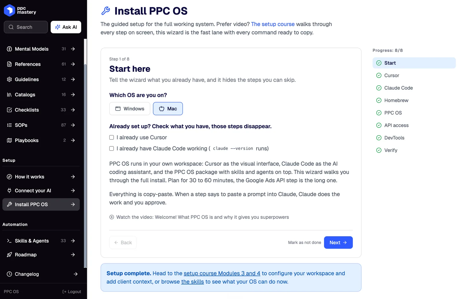 The PPC OS setup wizard: step 1 of 8 asks which operating system you use and what you already have installed, and a progress rail on the right shows all eight steps completed